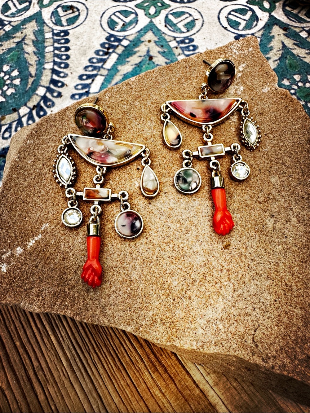 Gold Resin Shell Modernist Statement Earrings with Faux Coral Victorian Hands